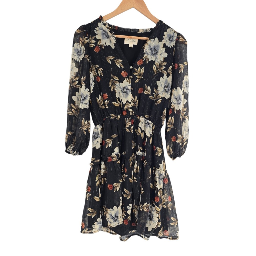 if By Sea By Anthropologie V-Neck Long Sleeve Floral print Mini Dress Black SM